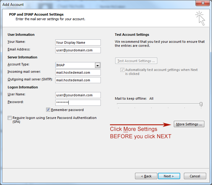 add user info then click on more settings.